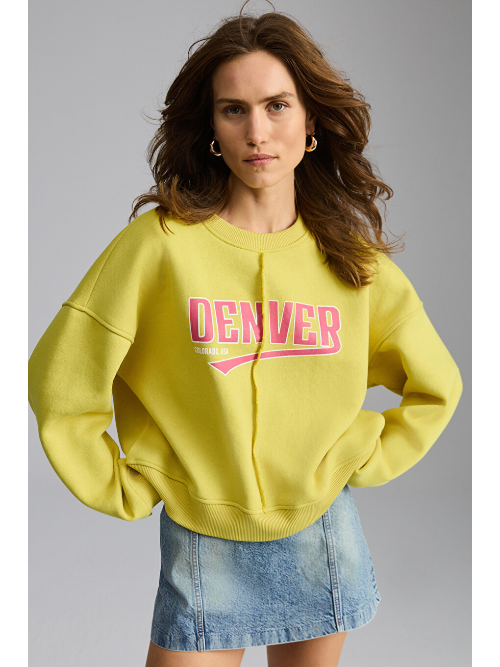 Daleska Kadın Organik Pamuklu Yumuşacık Önü Kesikli Baskılı Yuvarlak Yaka Yeşil Sweatshirt-3