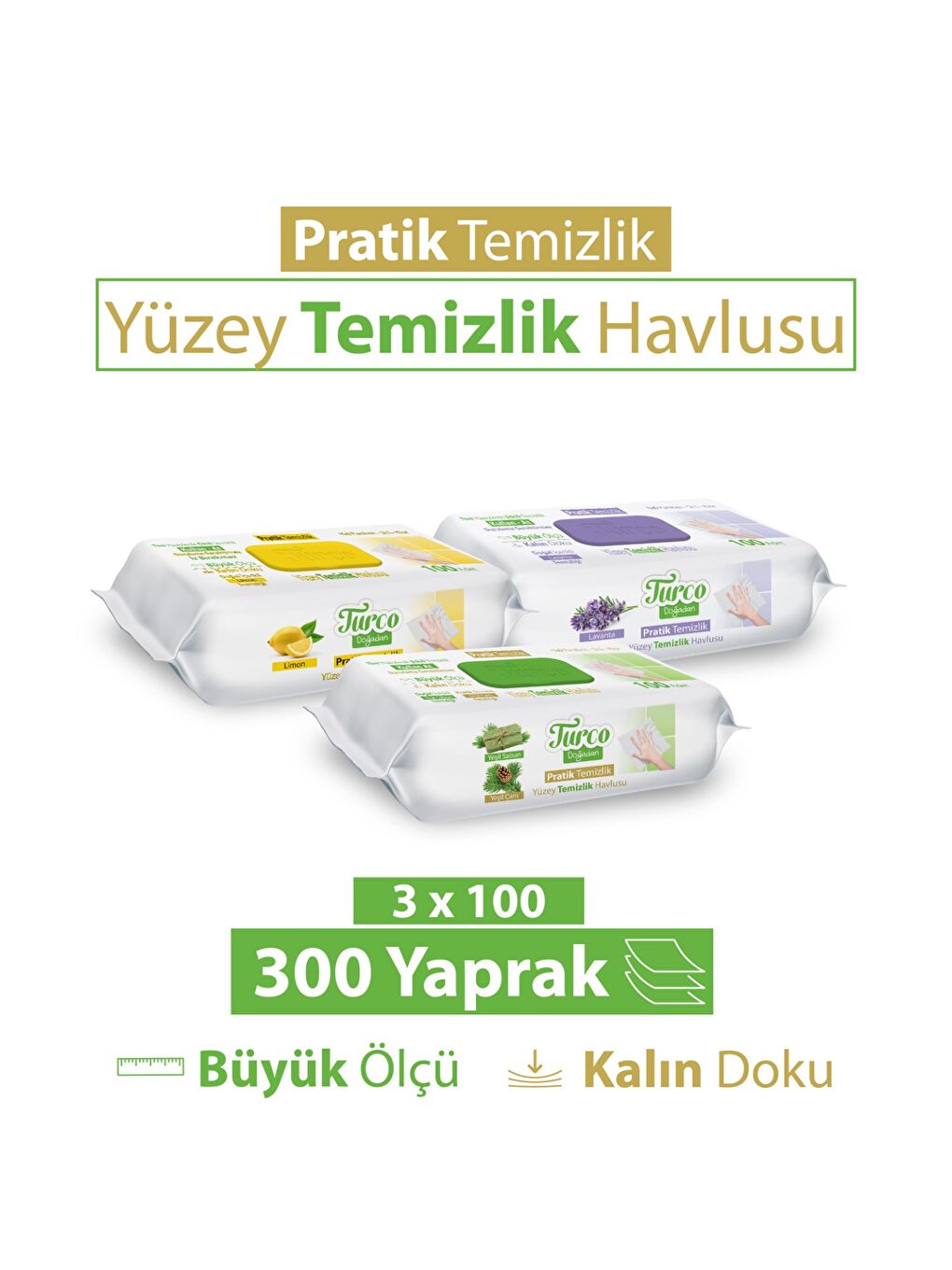 Turco Doğadan Pratik Yüzey Temizlik Havlusu Yeşil Sabun Lavanta Limon 3x100