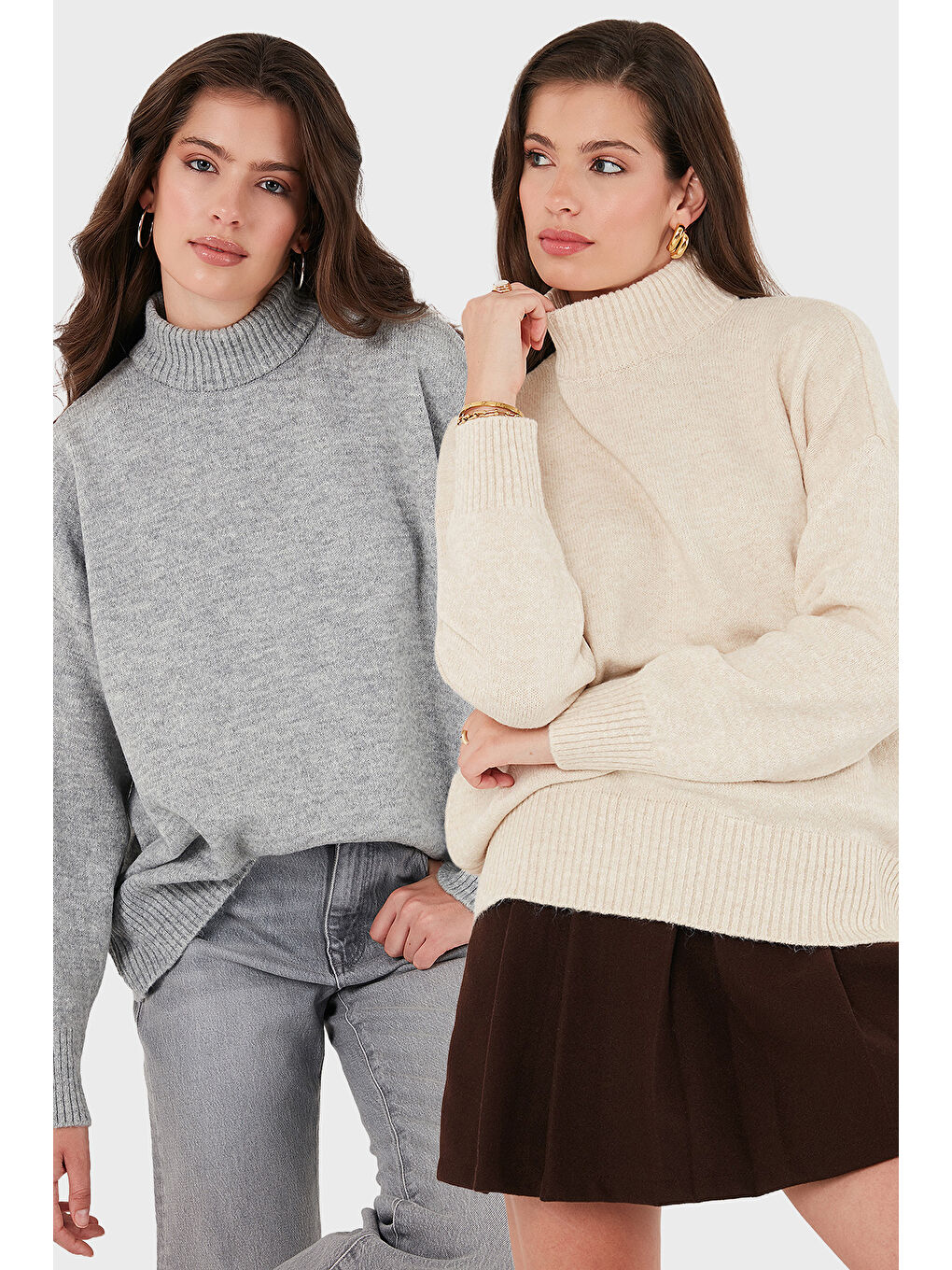 Gri Oversize Fit Balıkçı Yaka Yumuşak Dokulu 2'li Paket Triko Kazak 680KZ00469S2