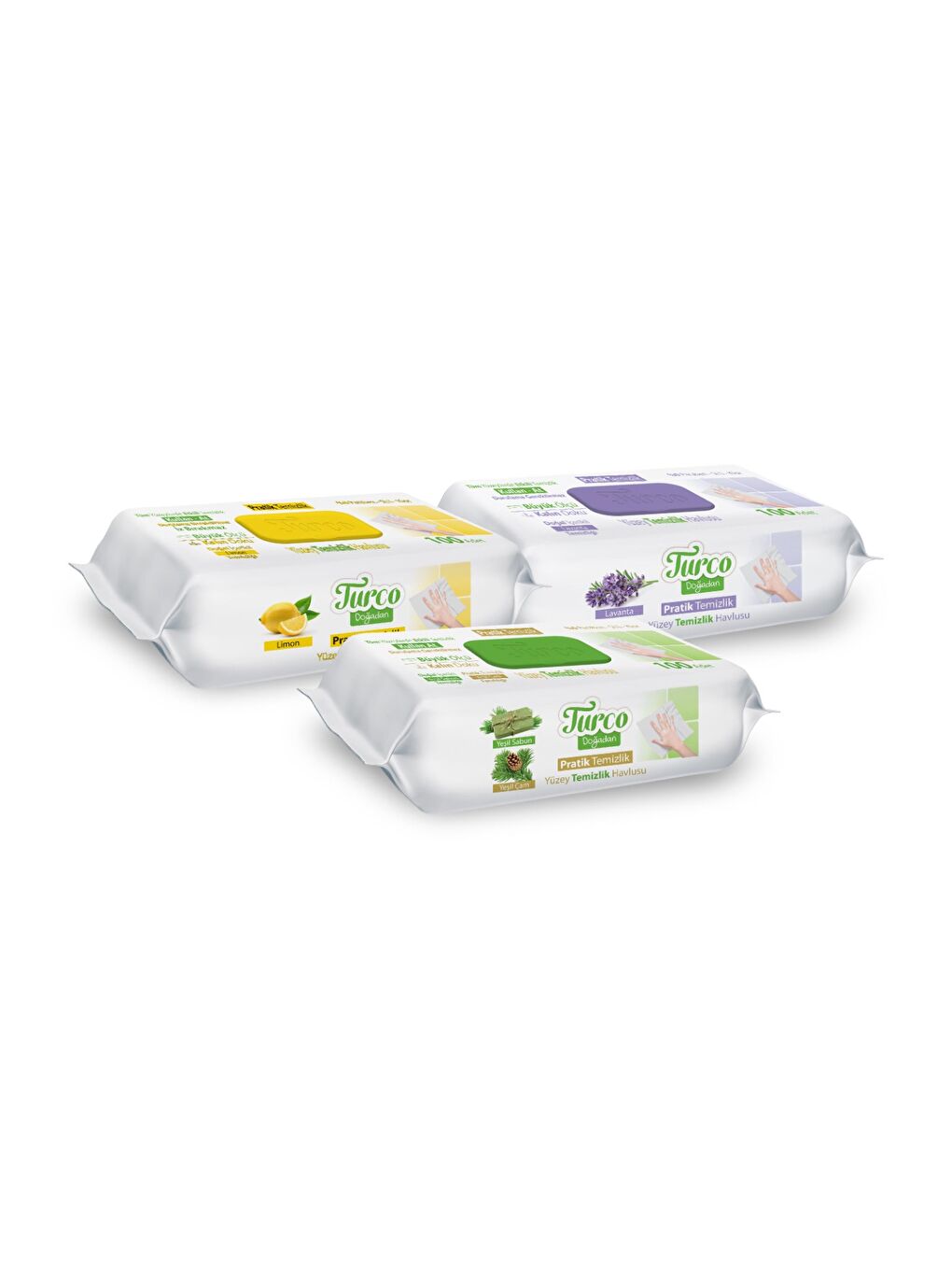 Turco Doğadan Pratik Yüzey Temizlik Havlusu Yeşil Sabun Lavanta Limon 3x100-1