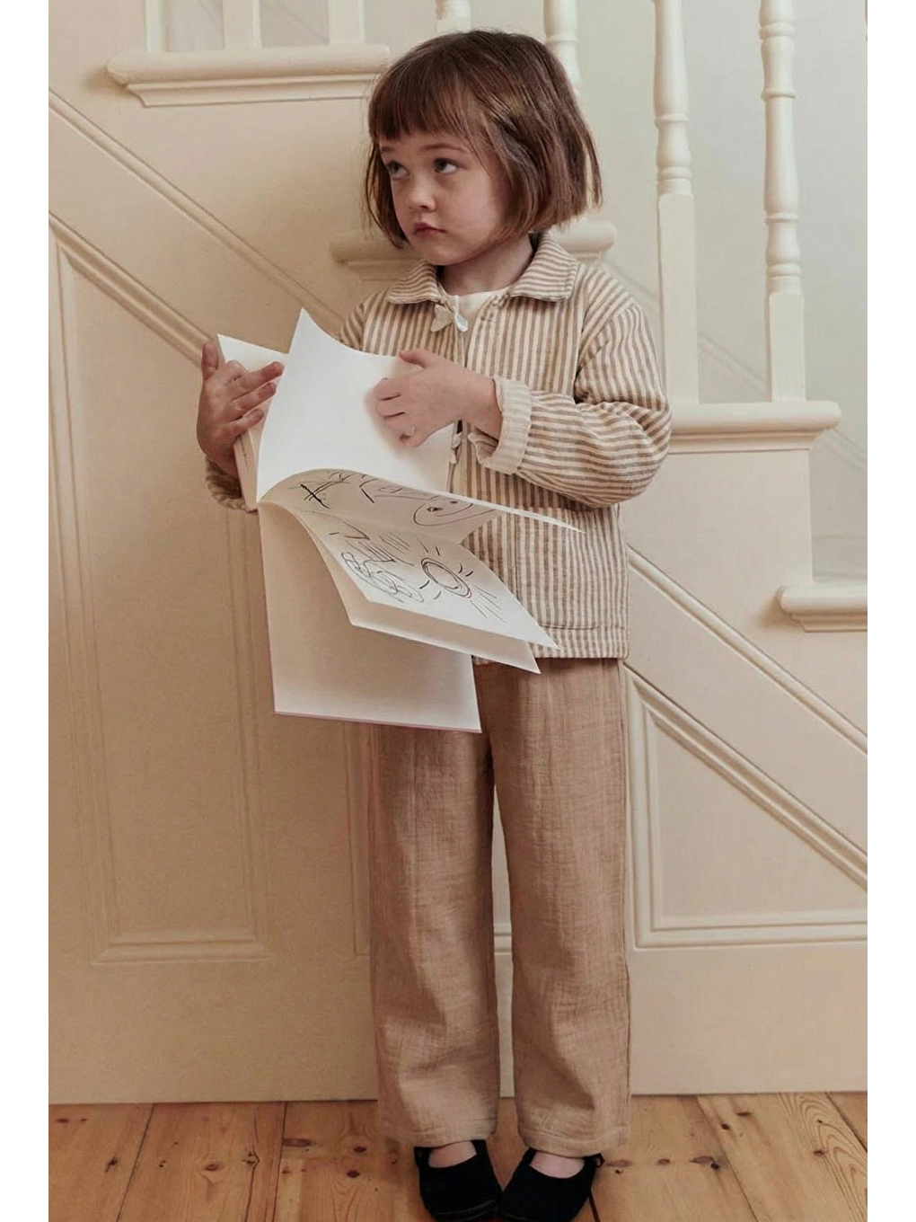 Lacivert Kız Çocuk Pamuklu Bej Çizgili Ceketli 3 Parça Takım-1