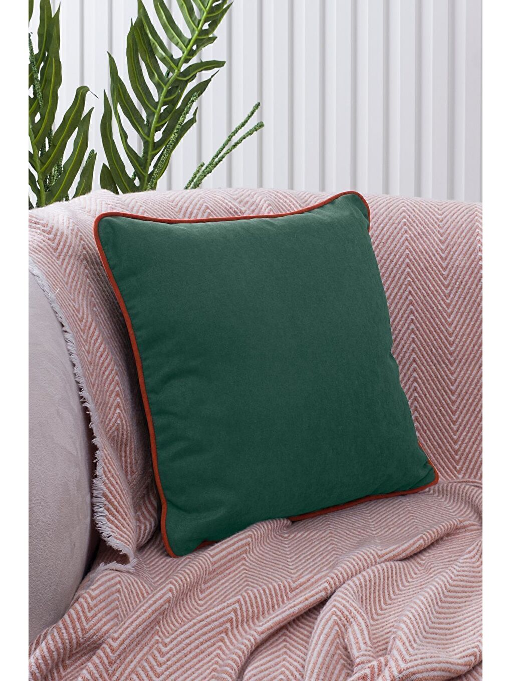 Panbiy Süet Dokulu Düz Punch (panç) İçin Uygun Turuncu Biyeli Yeşil Dekoratif Kırlent Kılıfı