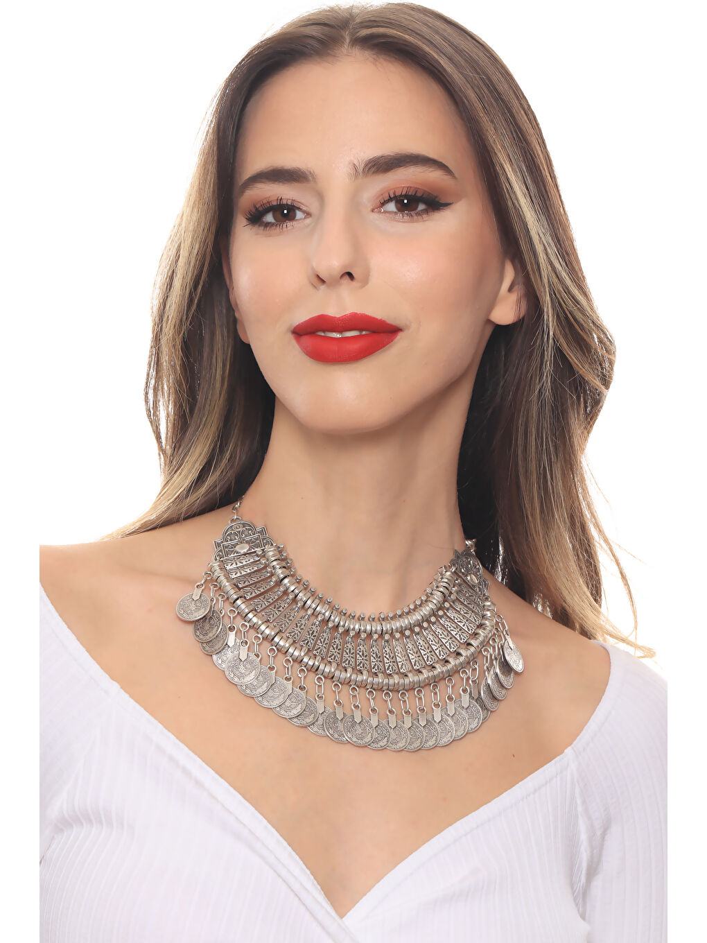 Gri Kadın Antik Gümüş Kaplama Tuğra Detaylı Bohem Kolye-2