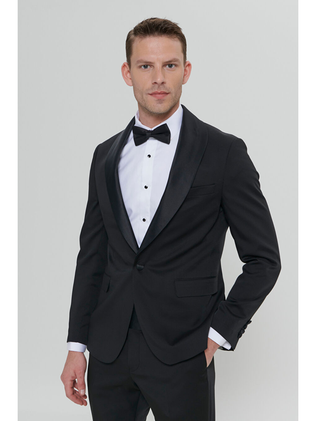 Erkek Siyah Slim Fit Dar Kesim Şal Yaka Armürlü Smokin Takım-3