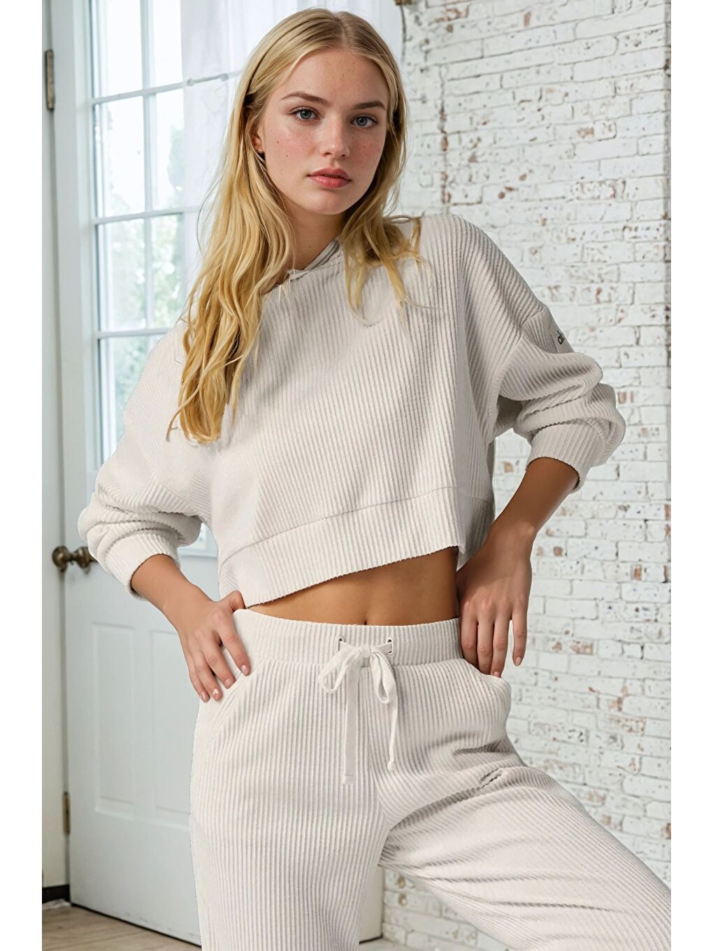 Bej Modal Kumaş Ribana Detay Eşofman Takımı-1