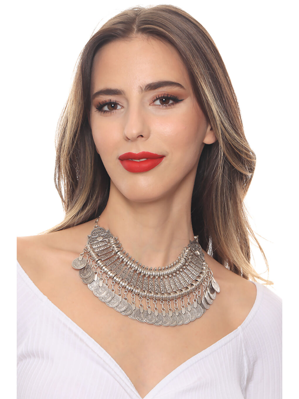 Gri Kadın Antik Gümüş Kaplama Tuğra Detaylı Bohem Kolye-6