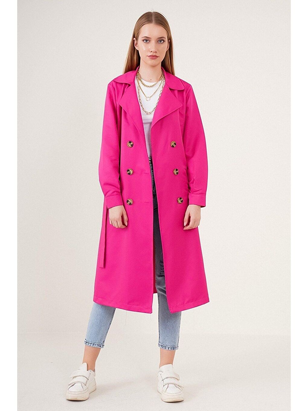 Kadın Fuşya Kruvaze Yaka Trençkot