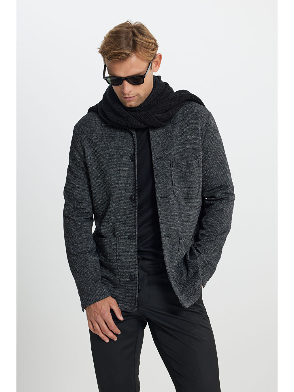 Erkek Siyah Comfort Fit Rahat Kesim Gömlek Yaka Desenli Torba Cepli Ceket-5