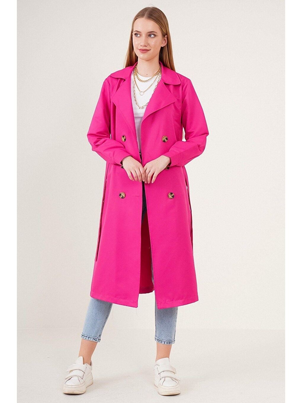 Kadın Fuşya Kruvaze Yaka Trençkot-1
