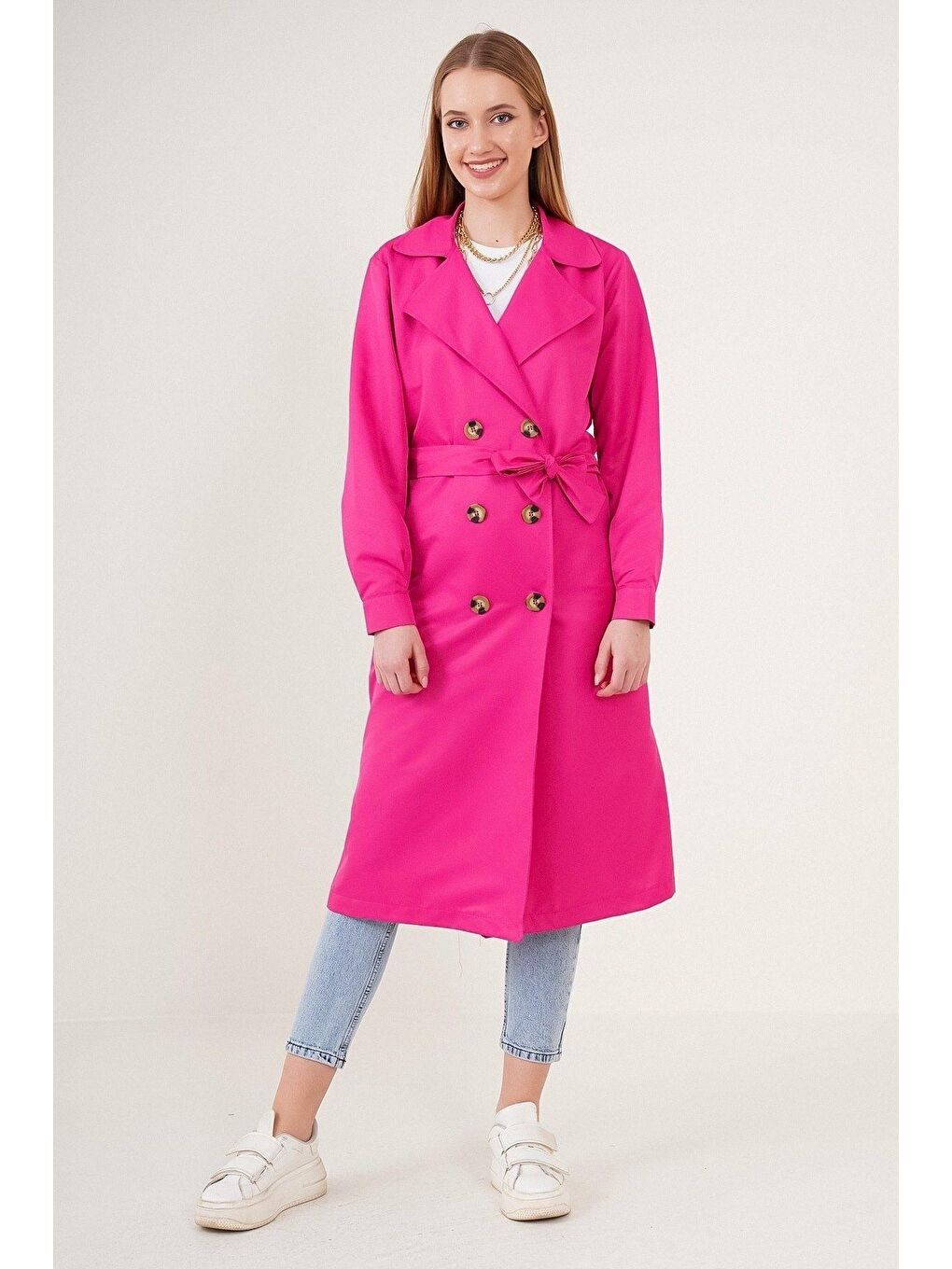 Kadın Fuşya Kruvaze Yaka Trençkot-2