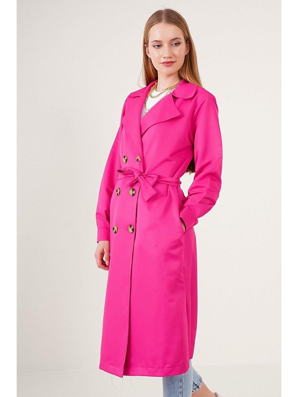 Kadın Fuşya Kruvaze Yaka Trençkot-3