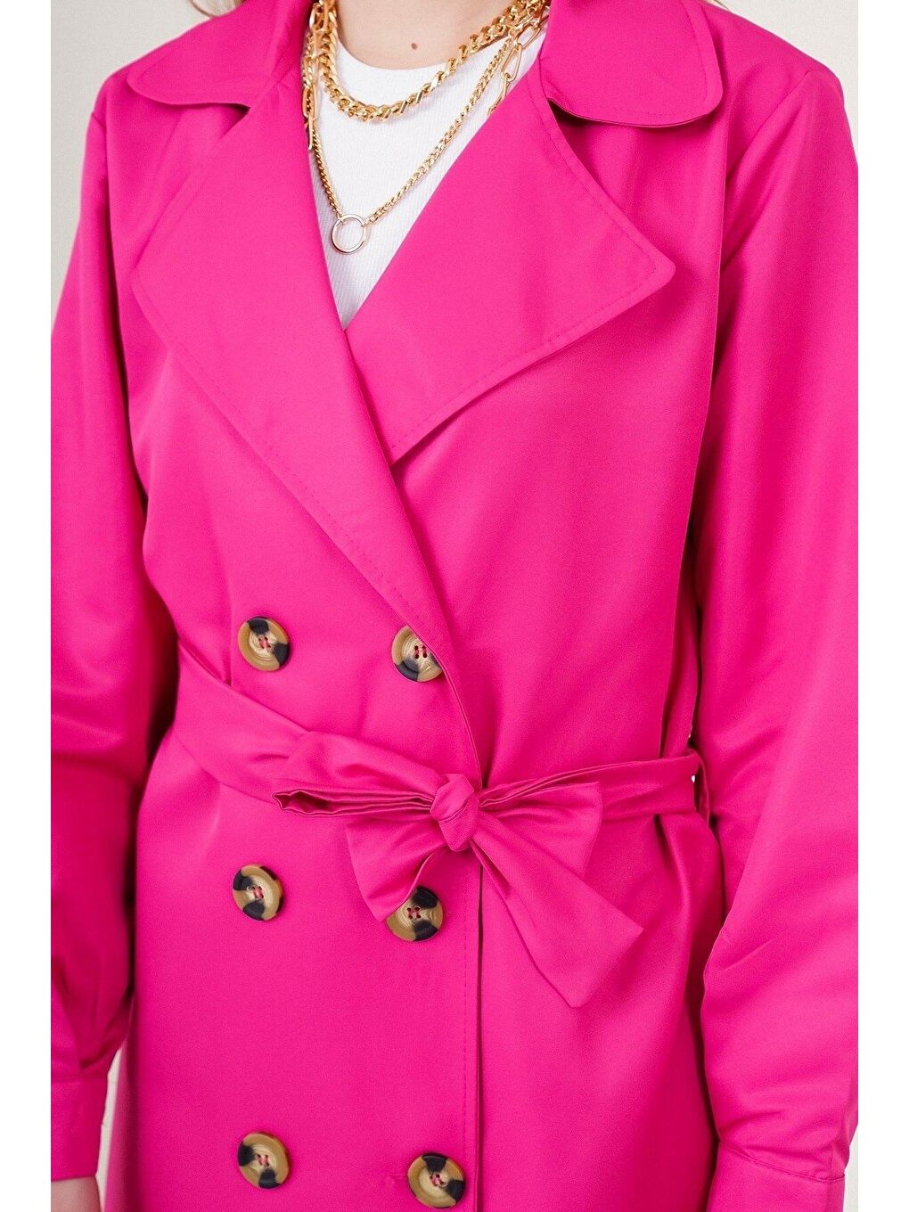 Kadın Fuşya Kruvaze Yaka Trençkot-4