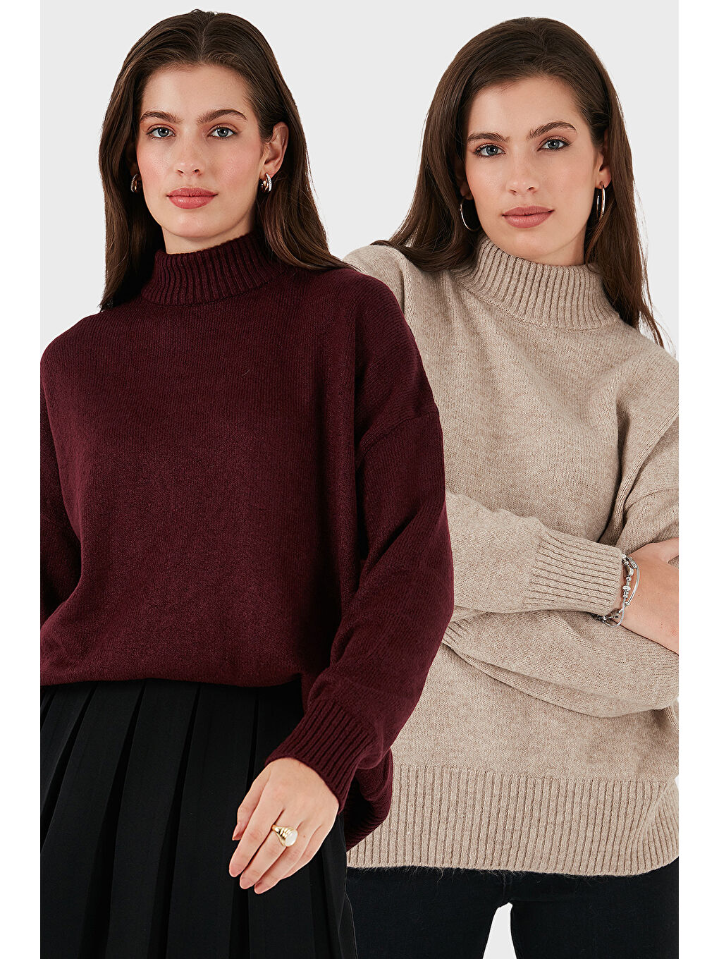 Bej Oversize Fit Balıkçı Yaka Yumuşak Dokulu 2'li Paket Triko Kazak 680KZ00469S2