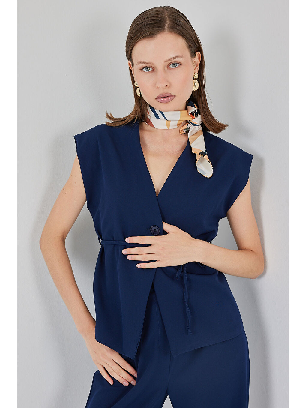 Kadın Yelek Pantolon Kumaş Takım 30050 - Lacivert-1