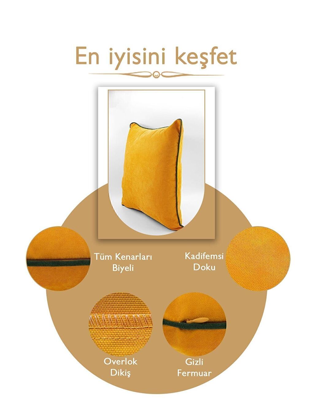 Panbiy Süet Dokulu Düz Punch (panç) İçin Uygun Yeşil Biyeli Sarı Dekoratif Kırlent Kılıfı-4