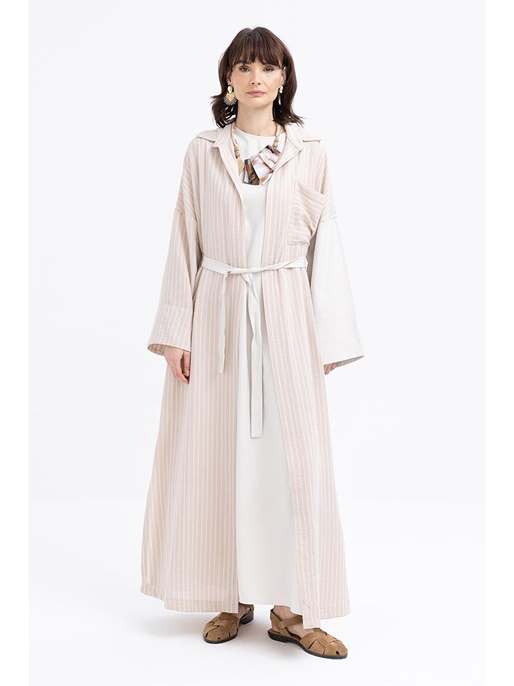 Bej Taş-Hırkalı Kolsuz Elbiseli Takım-1