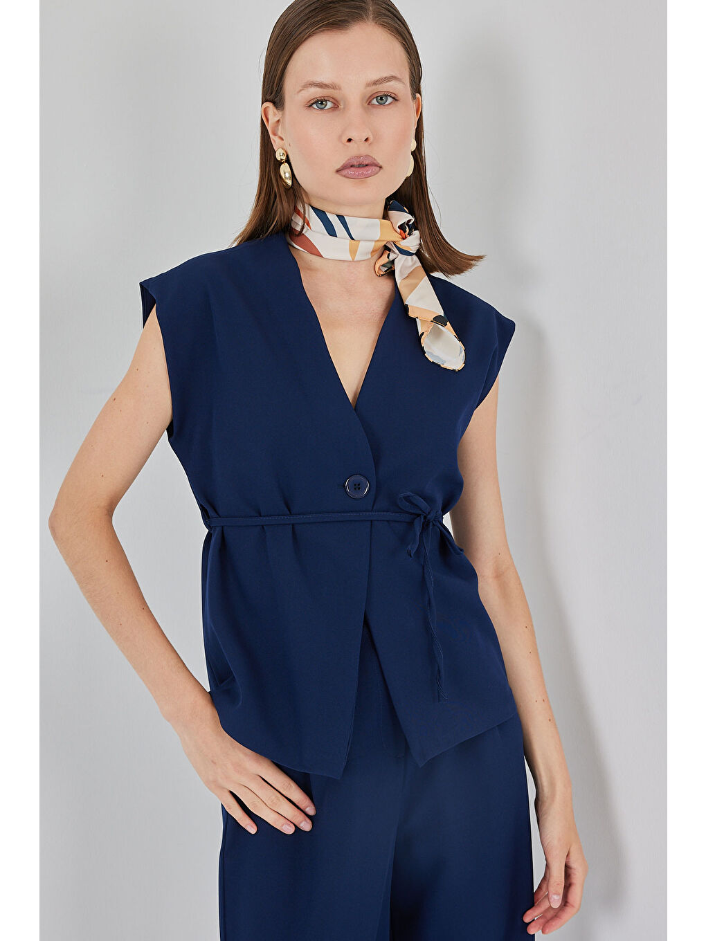 Kadın Yelek Pantolon Kumaş Takım 30050 - Lacivert-3