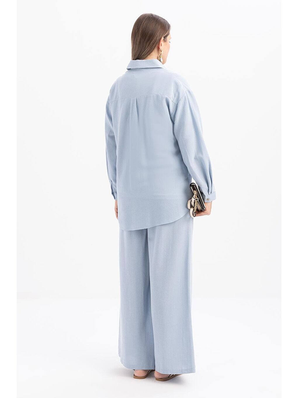 Mavi-Büyük Cepli Keten Pantolonlu Takım-2