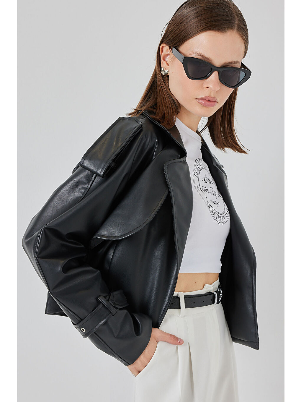 Kadın Oversize Deri Ceket 1047 - Siyah-2