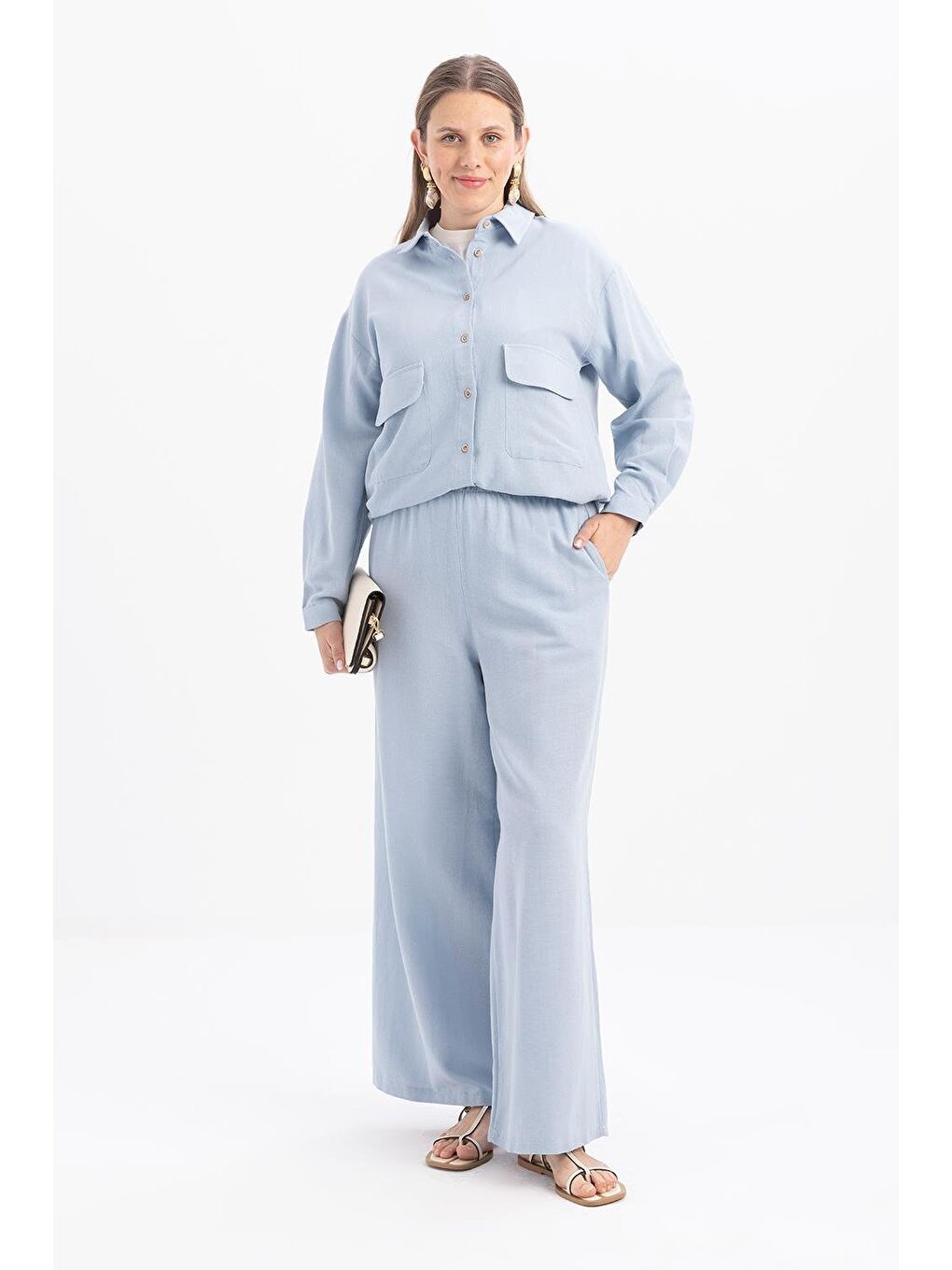 Mavi-Büyük Cepli Keten Pantolonlu Takım-3