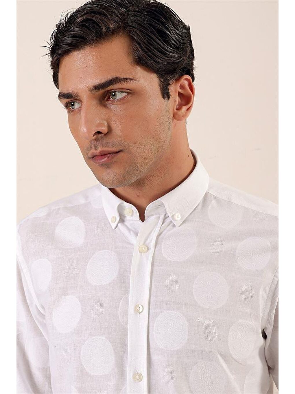 Beyaz Kısalabilir Kollu Desenli Jakarlıcepsiz %100 Pamuk Casual Slim Fit Gömlek 1004230183-3