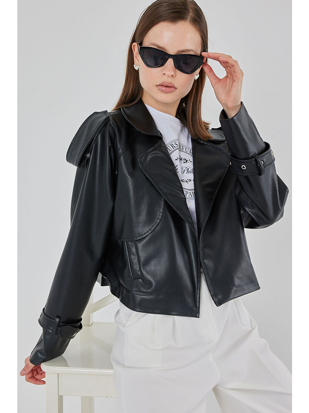 Kadın Oversize Deri Ceket 1047 - Siyah-3