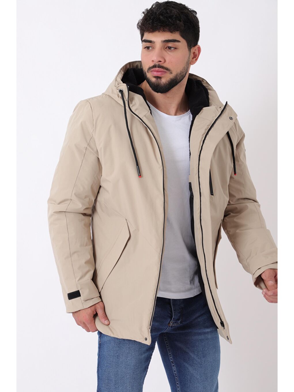 Ekru Sporlikra Kumaş Tasarım Cep Kışlık Kapüşonlu Mont PLDP 3013_50458