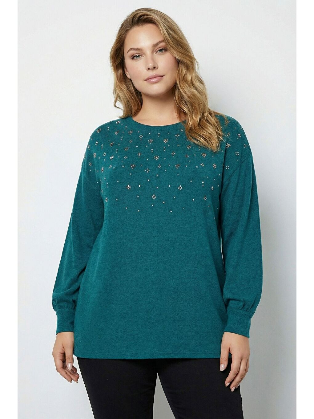 Turkuaz Büyük Beden Taş İşlemeli Yumoş Yeşil Kazak 285066