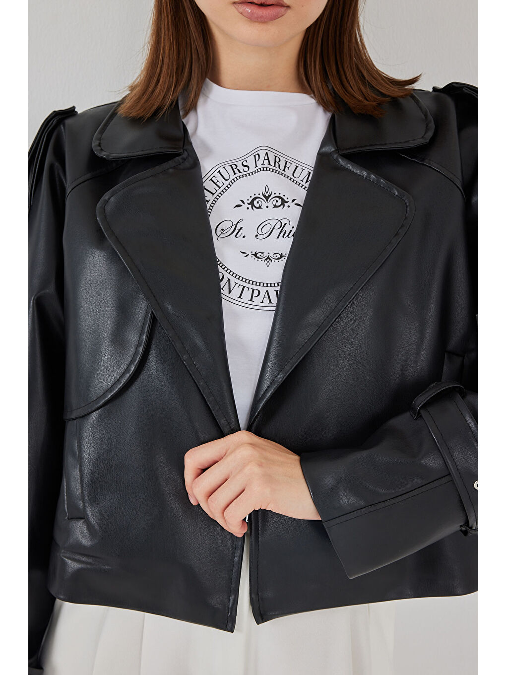 Kadın Oversize Deri Ceket 1047 - Siyah-4