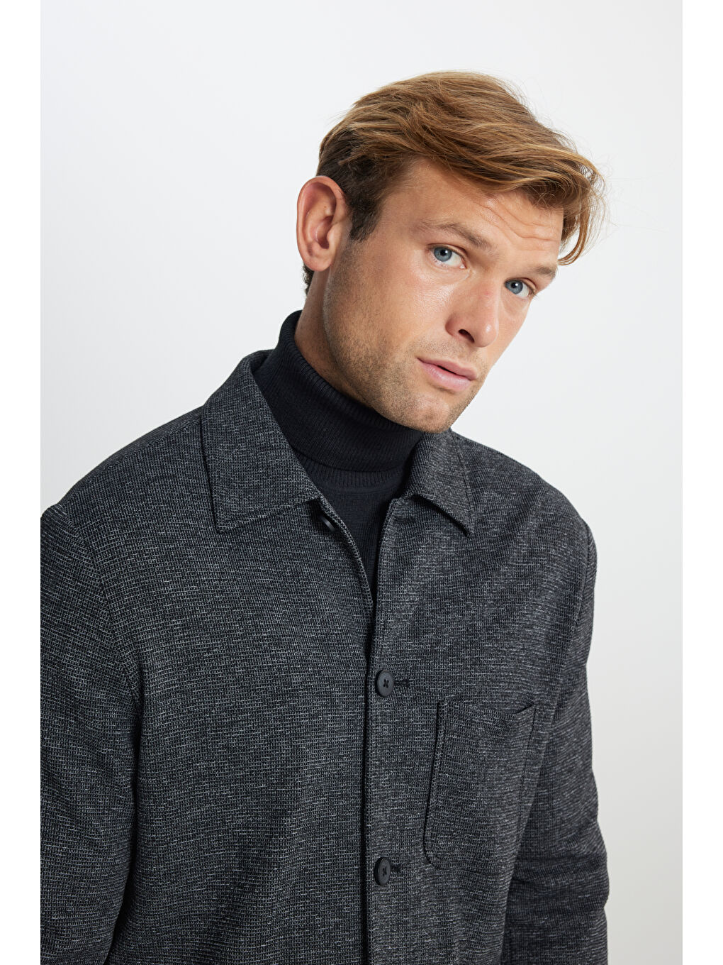 Erkek Siyah Comfort Fit Rahat Kesim Gömlek Yaka Desenli Torba Cepli Ceket-6