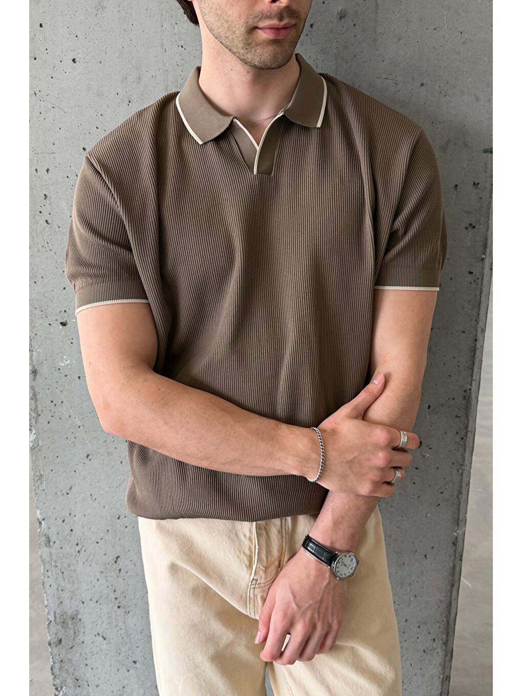 Kahverengi Erkek Oversize Selanik Polo Yaka Triko Tişört-1