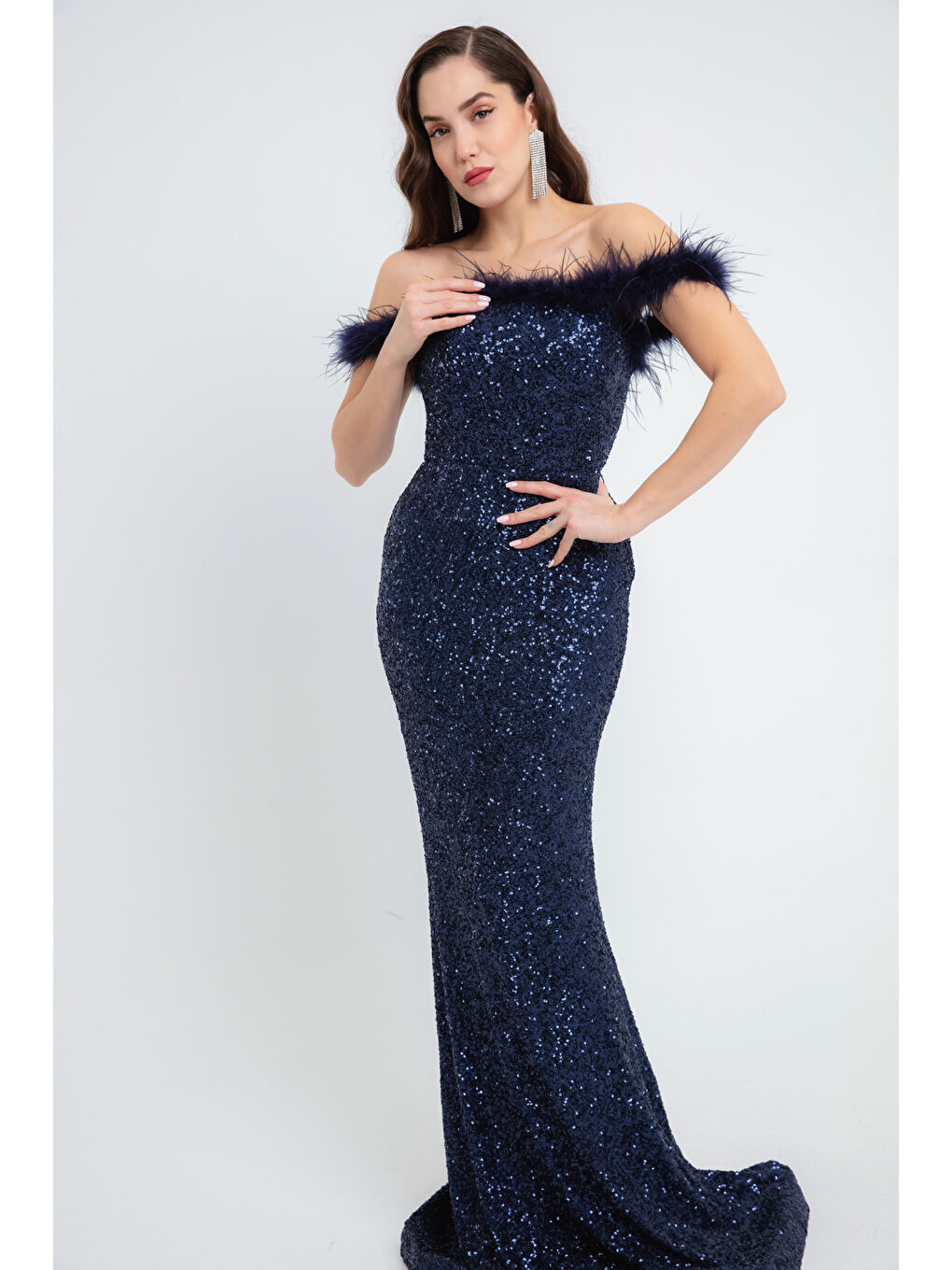 Kadın Lacivert Kayık Yaka Payetli Uzun  Balık Abiye Elbise-1