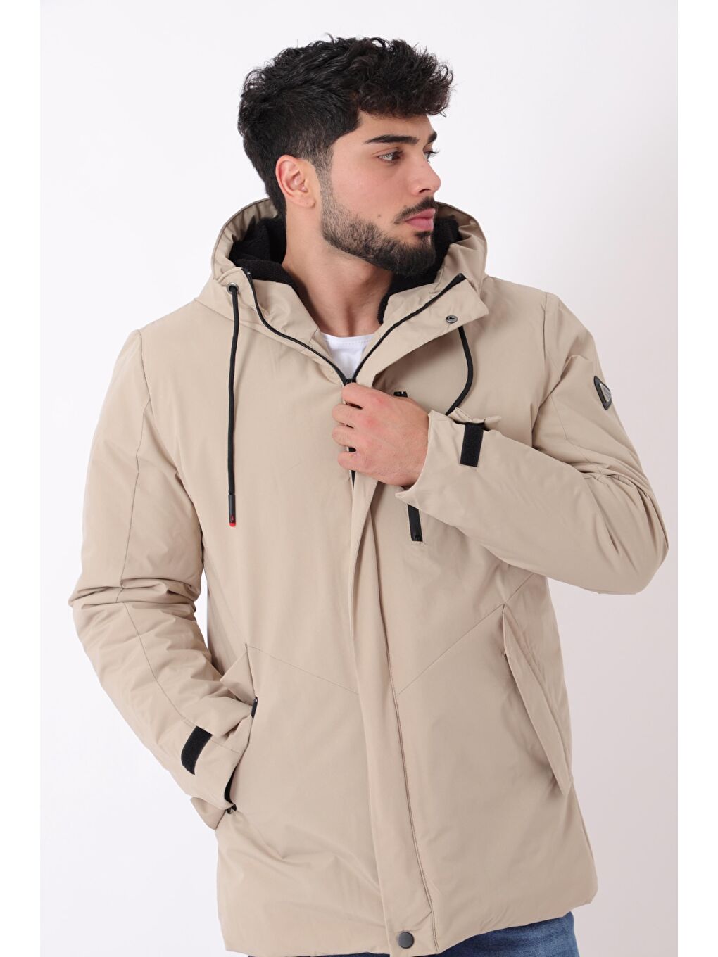 Ekru Sporlikra Kumaş Tasarım Cep Kışlık Kapüşonlu Mont PLDP 3013_50458-1