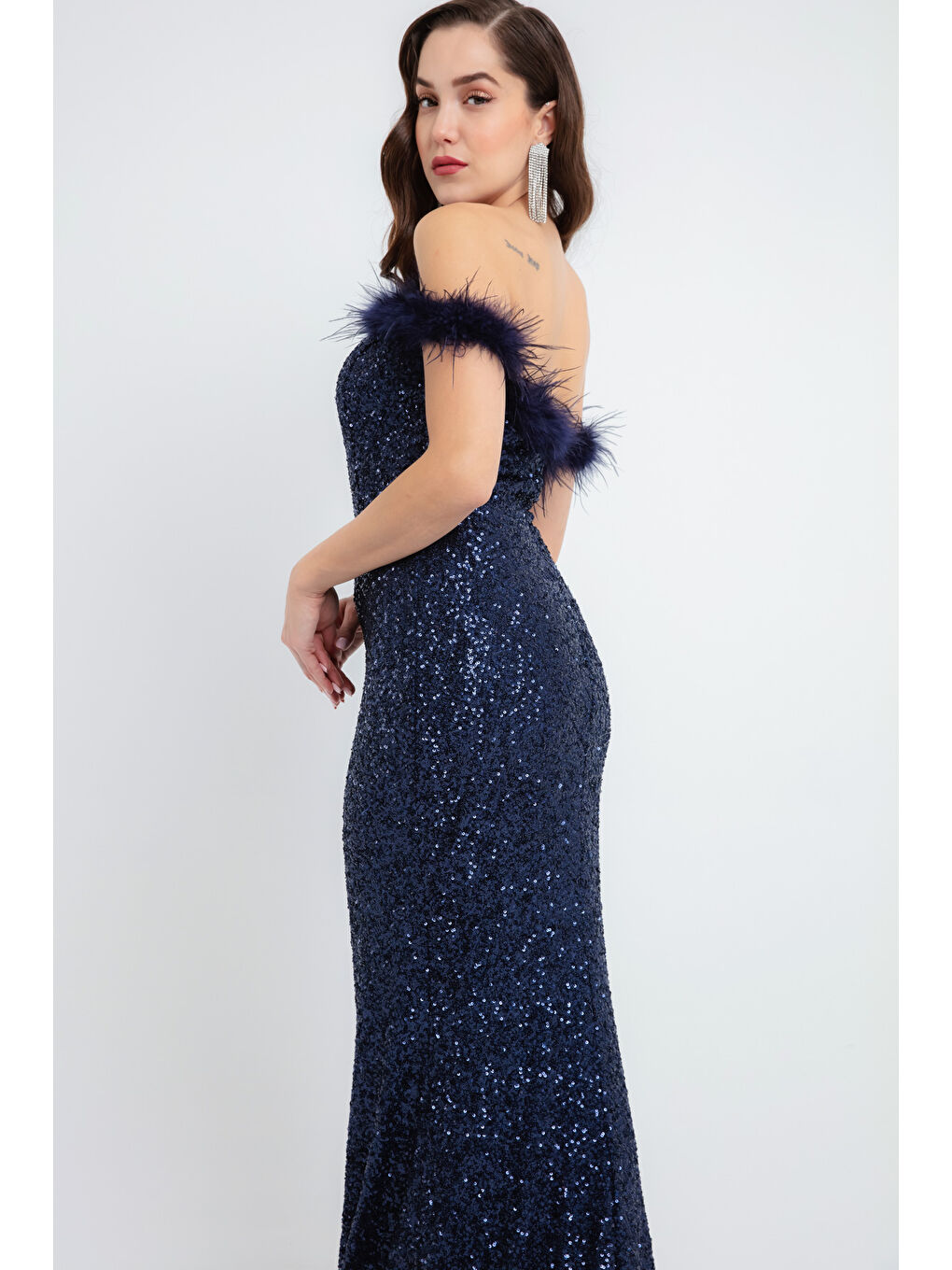 Kadın Lacivert Kayık Yaka Payetli Uzun  Balık Abiye Elbise-2