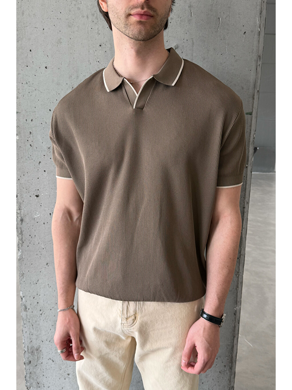 Kahverengi Erkek Oversize Selanik Polo Yaka Triko Tişört-2