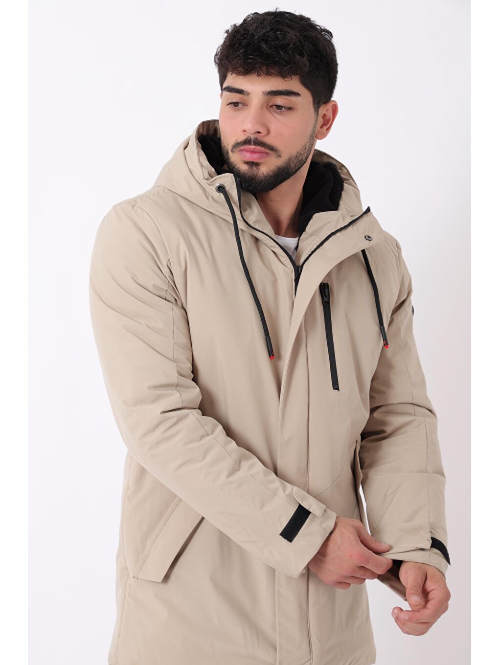 Ekru Sporlikra Kumaş Tasarım Cep Kışlık Kapüşonlu Mont PLDP 3013_50458-2