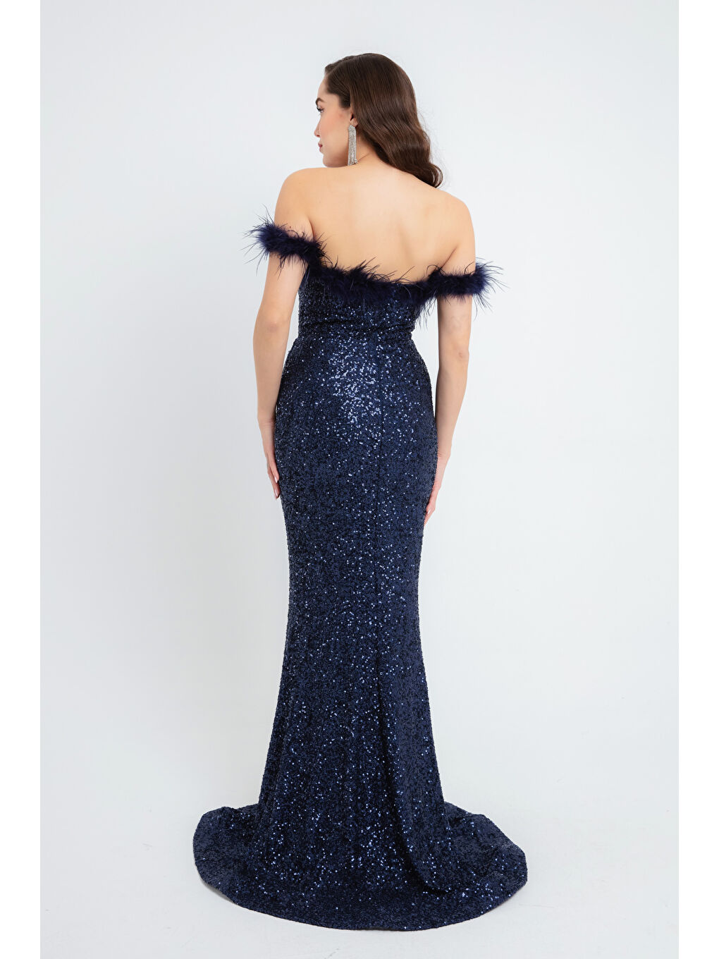 Kadın Lacivert Kayık Yaka Payetli Uzun  Balık Abiye Elbise-4