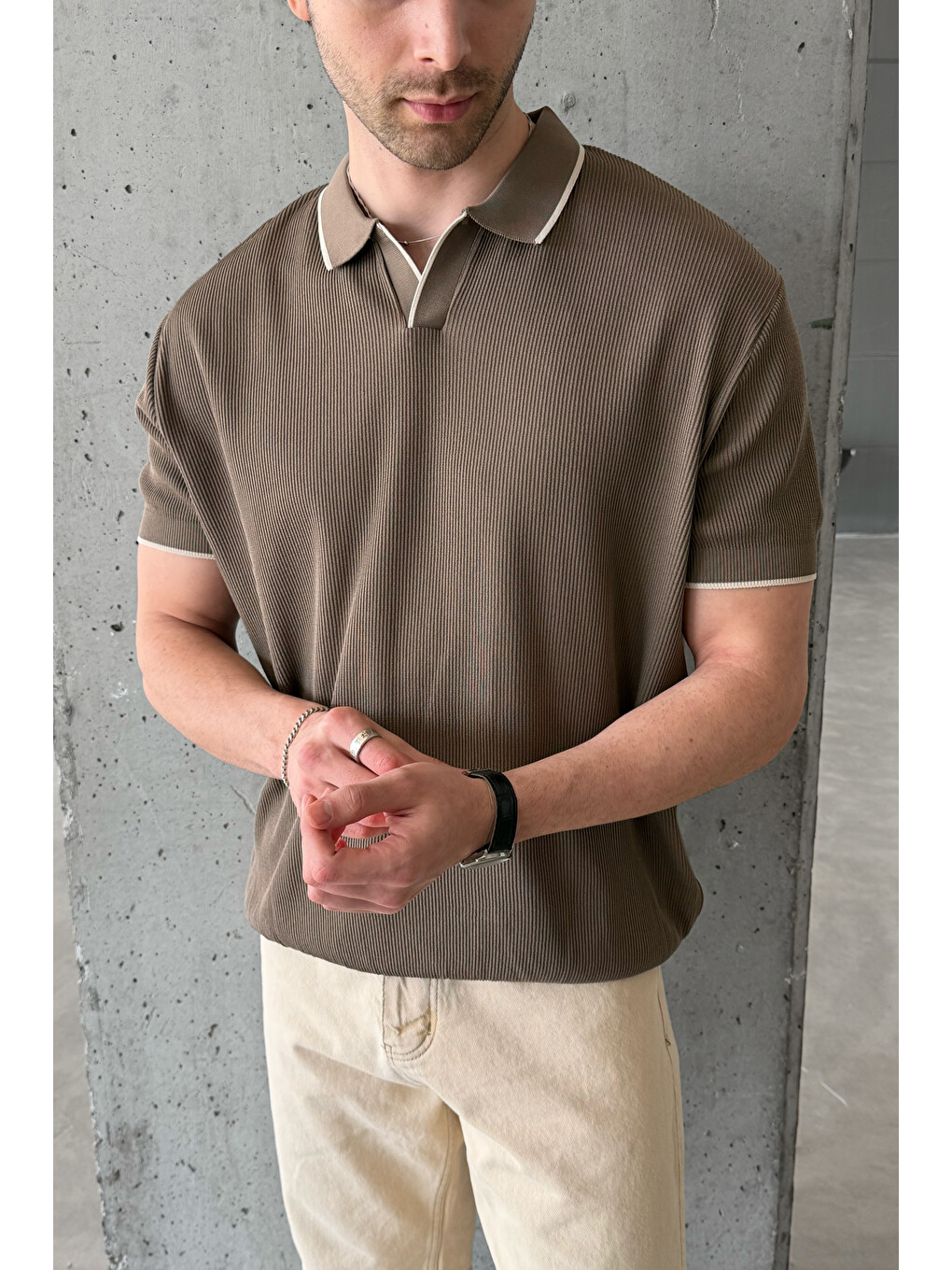 Kahverengi Erkek Oversize Selanik Polo Yaka Triko Tişört-3