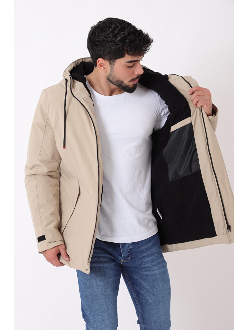 Ekru Sporlikra Kumaş Tasarım Cep Kışlık Kapüşonlu Mont PLDP 3013_50458-3