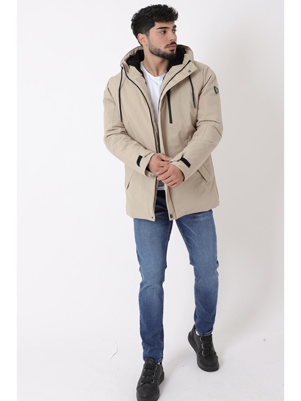 Ekru Sporlikra Kumaş Tasarım Cep Kışlık Kapüşonlu Mont PLDP 3013_50458-4