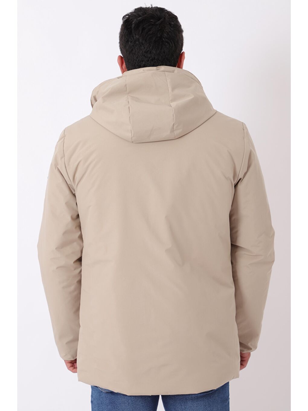 Ekru Sporlikra Kumaş Tasarım Cep Kışlık Kapüşonlu Mont PLDP 3013_50458-5