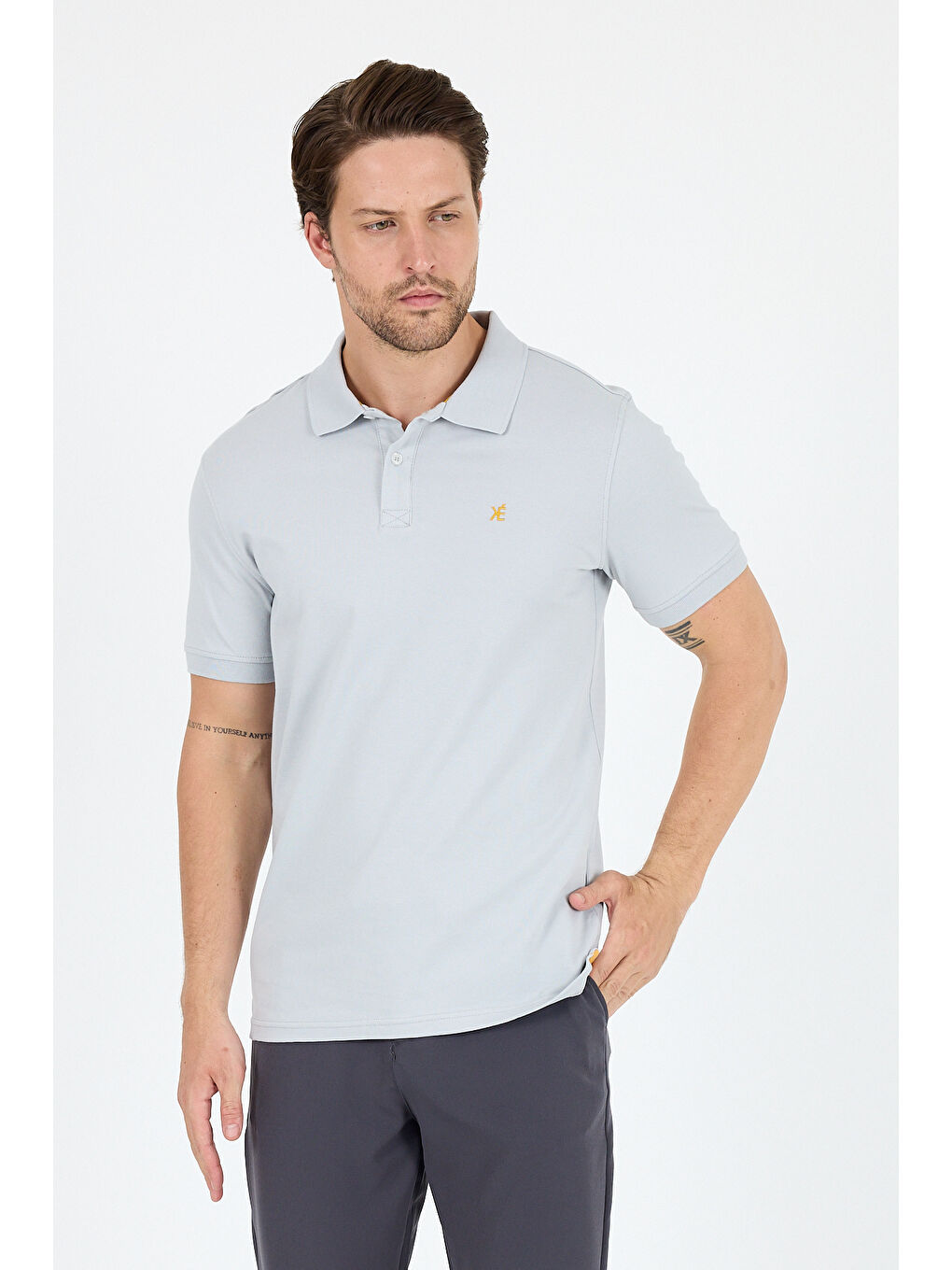 Gri Polo Yaka Kısa Kollu Pike Erkek %100 Pamuk Tişört