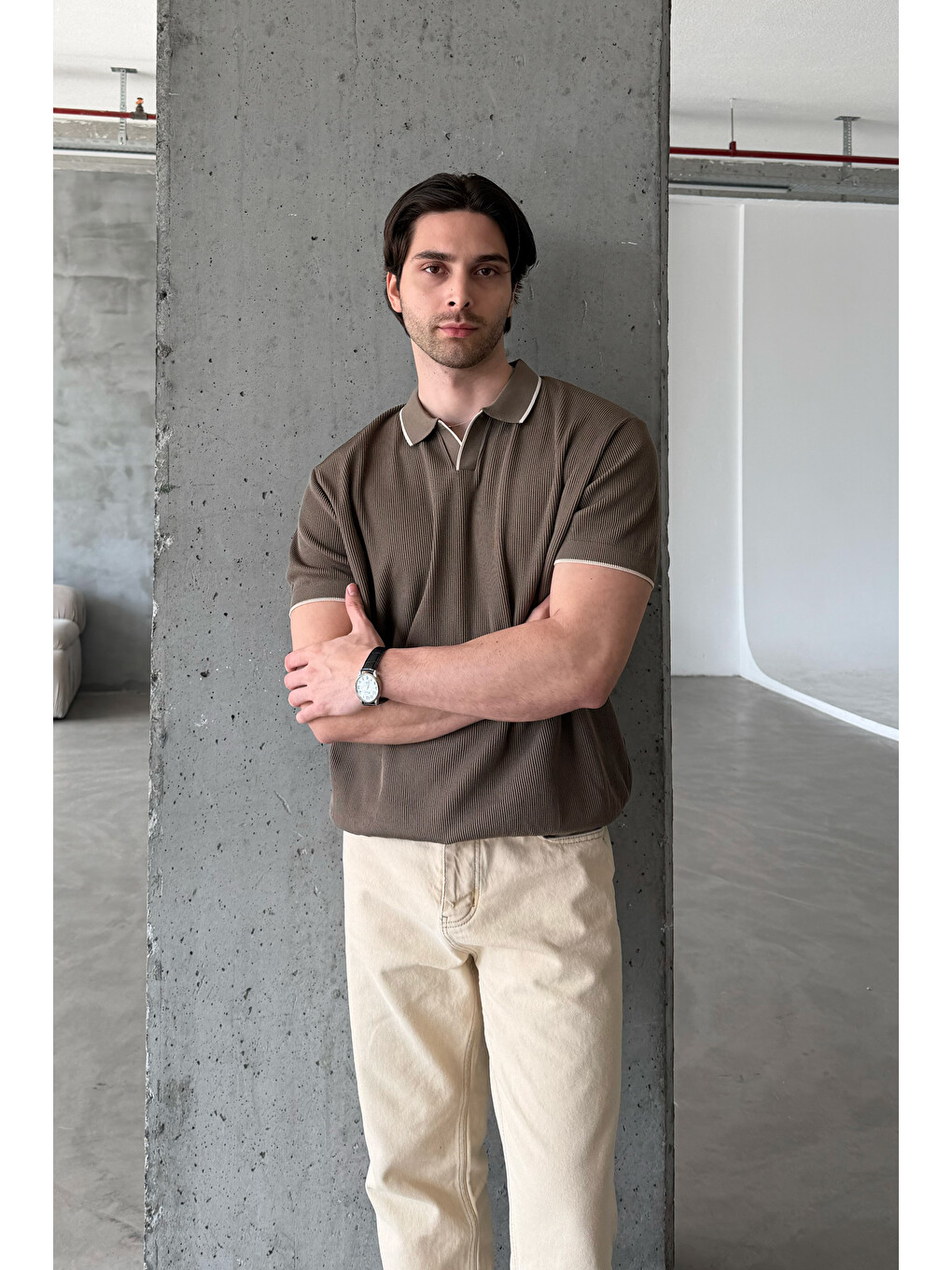 Kahverengi Erkek Oversize Selanik Polo Yaka Triko Tişört-6