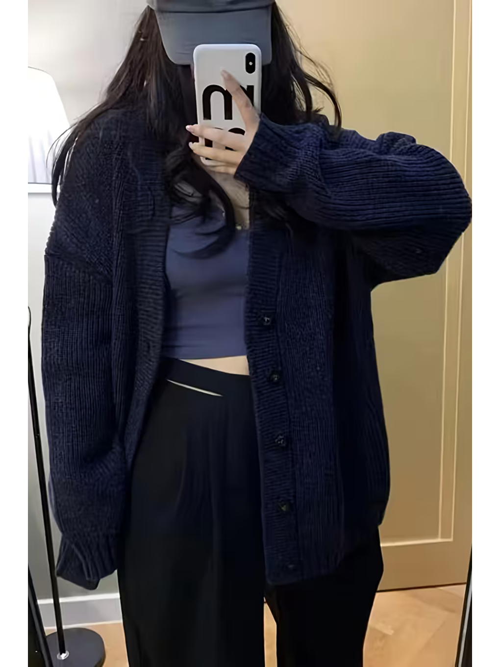 Kadın Lacivert Oversize Cepli Düğmeli V Yaka Triko Hırka-2