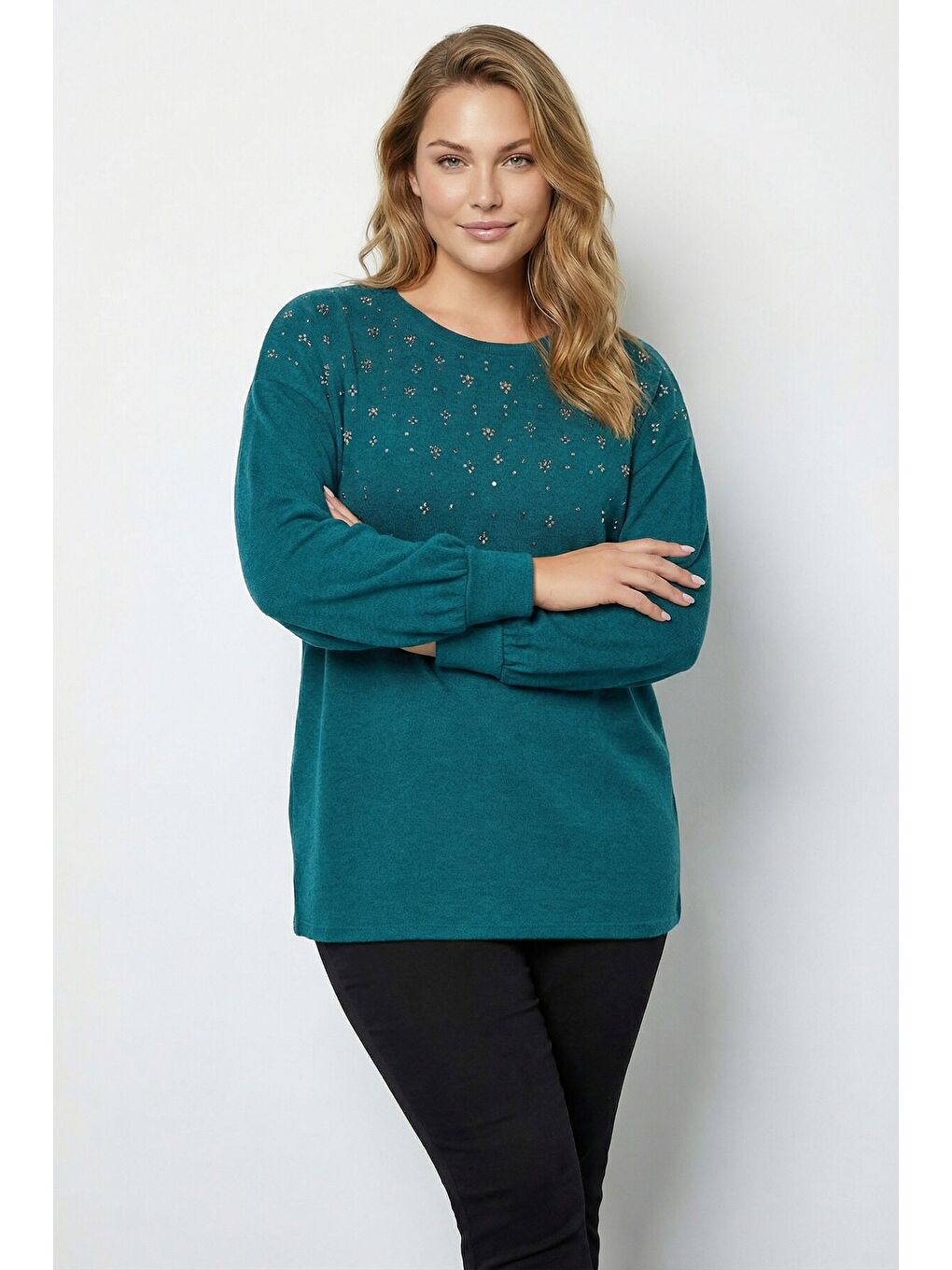 Turkuaz Büyük Beden Taş İşlemeli Yumoş Yeşil Kazak 285066-4