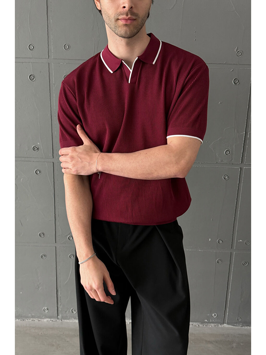 Bordo Erkek Oversize Selanik Polo Yaka Triko T-Shirt