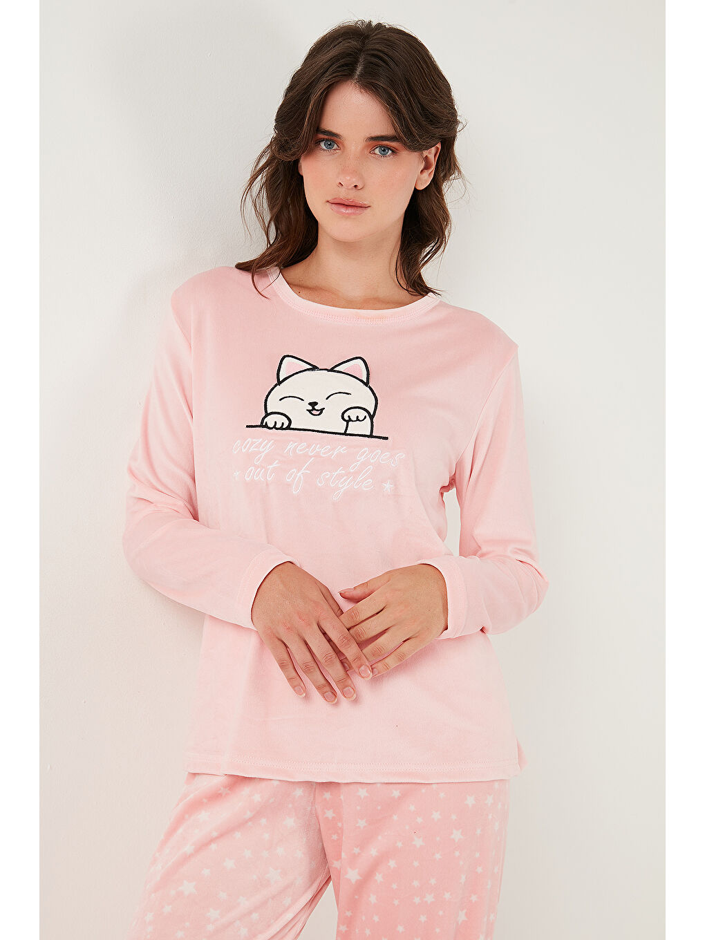 Pembe Desenli Regular Fit Bisiklet Yaka Uzun Kollu Kadın Pijama Takımı 65713312-4