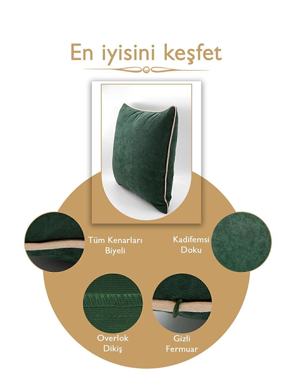 Panbiy Süet Dokulu Düz Punch (panç) İçin Uygun Krem Biyeli Yeşil Dekoratif Kırlent Kılıfı-2