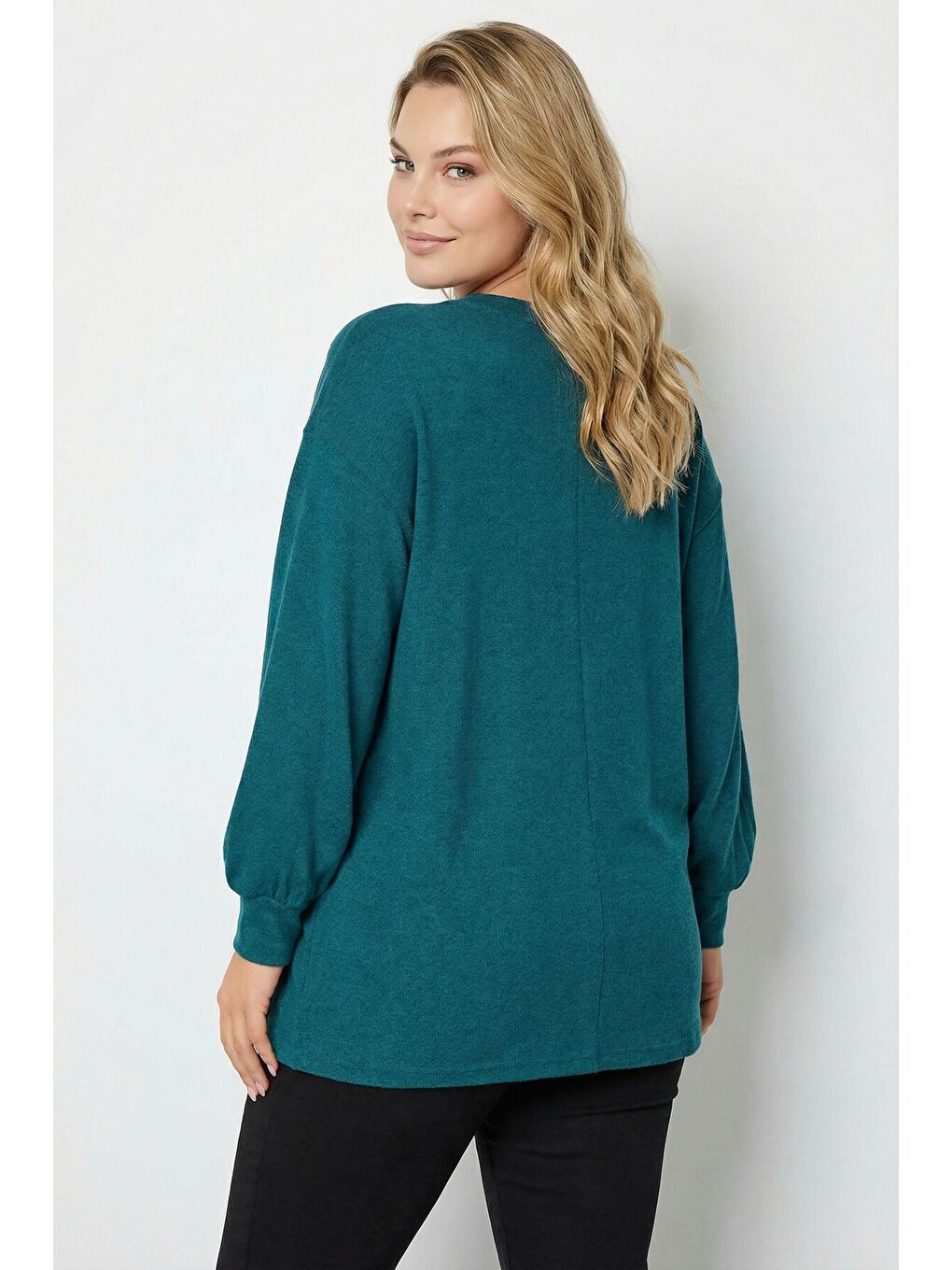 Turkuaz Büyük Beden Taş İşlemeli Yumoş Yeşil Kazak 285066-5