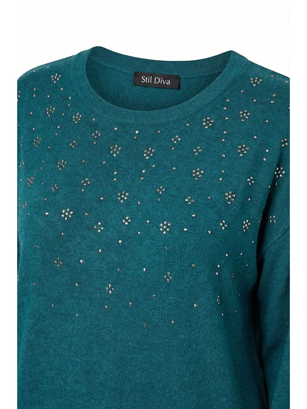 Turkuaz Büyük Beden Taş İşlemeli Yumoş Yeşil Kazak 285066-6